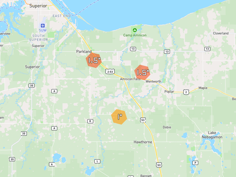 Hail map of South Range, WI on Jun 29, 2026, hail up to 1.5"