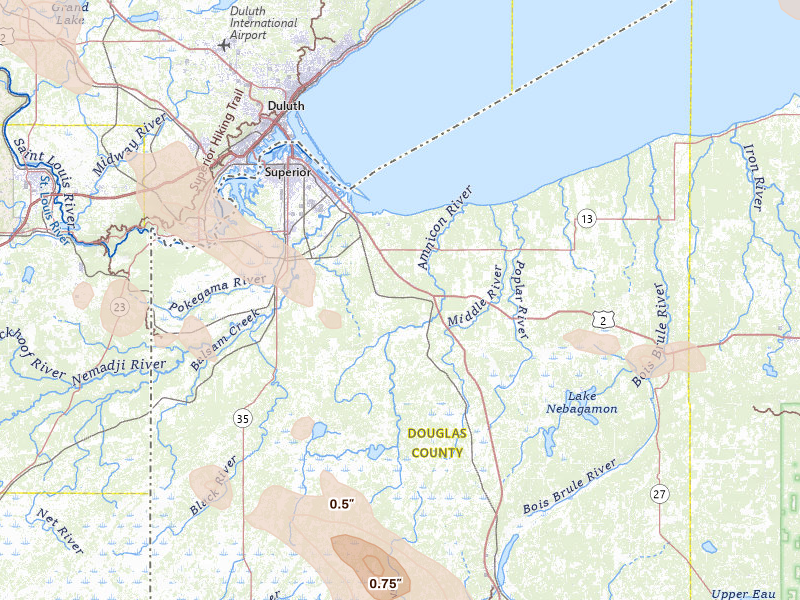 Radar-estimated hail-size map of the storm over South Range, WI on Jul 17, 2026