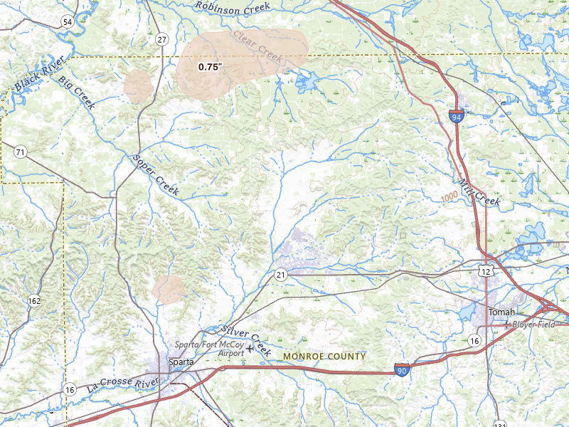 Radar-estimated hail-size map of the storm over Sparta, WI on Mar 30, 2026