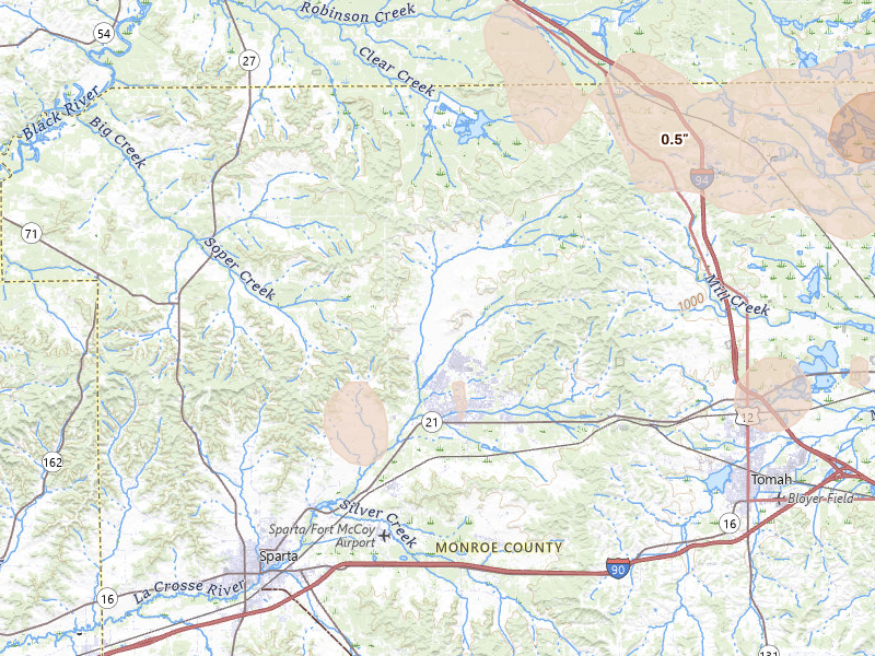 Radar-estimated hail-size map of the storm over Sparta, WI on Mar 31, 2026