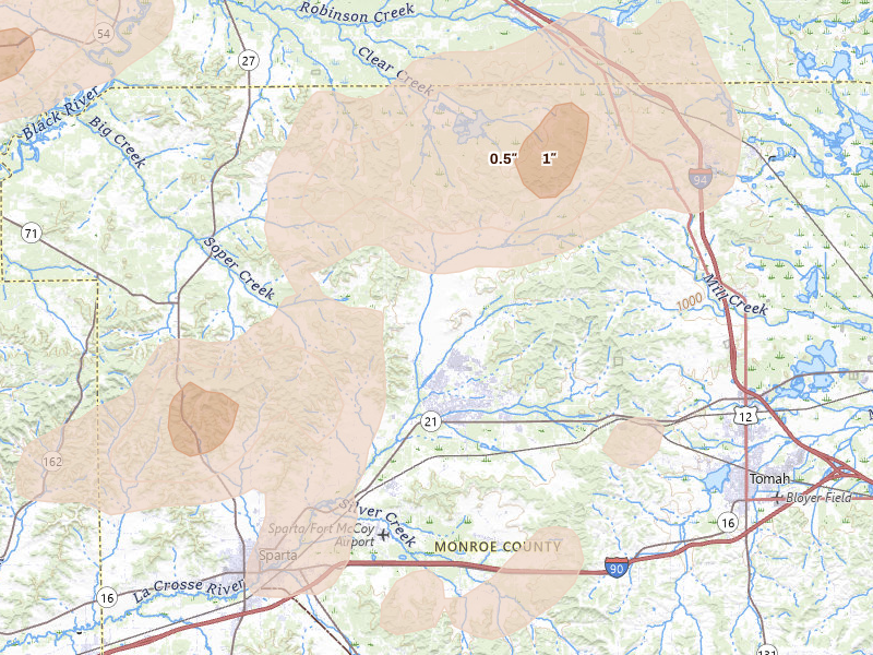 Radar-estimated hail-size map of the storm over Sparta, WI on Apr 13, 2026