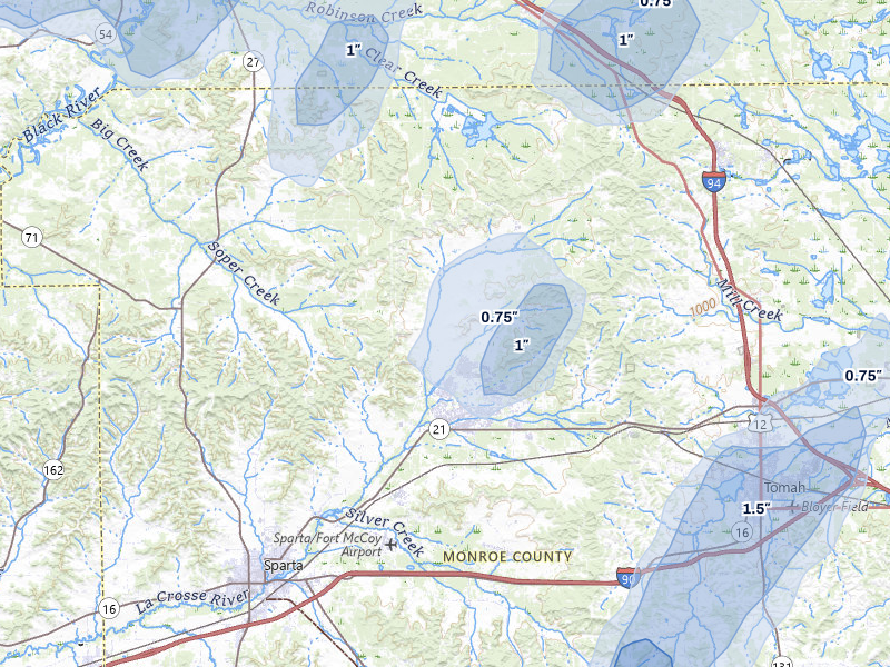 NEXRAD radar-signature map of the hail over Sparta, WI