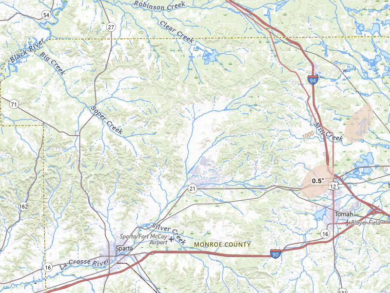Radar-estimated hail-size map of the storm over Sparta, WI on Apr 23, 2026