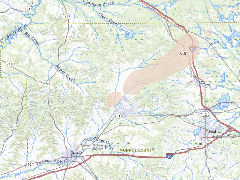 Radar-estimated hail-size map of the storm over Sparta, WI on Jul 1, 2026