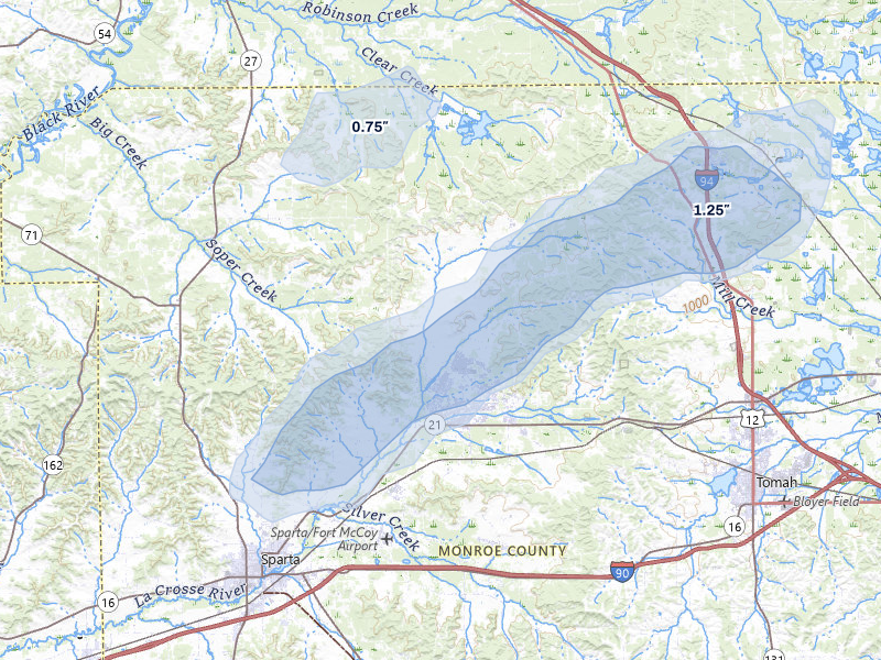 NEXRAD radar-signature map of the hail storm over Sparta, WI on Jul 1, 2026