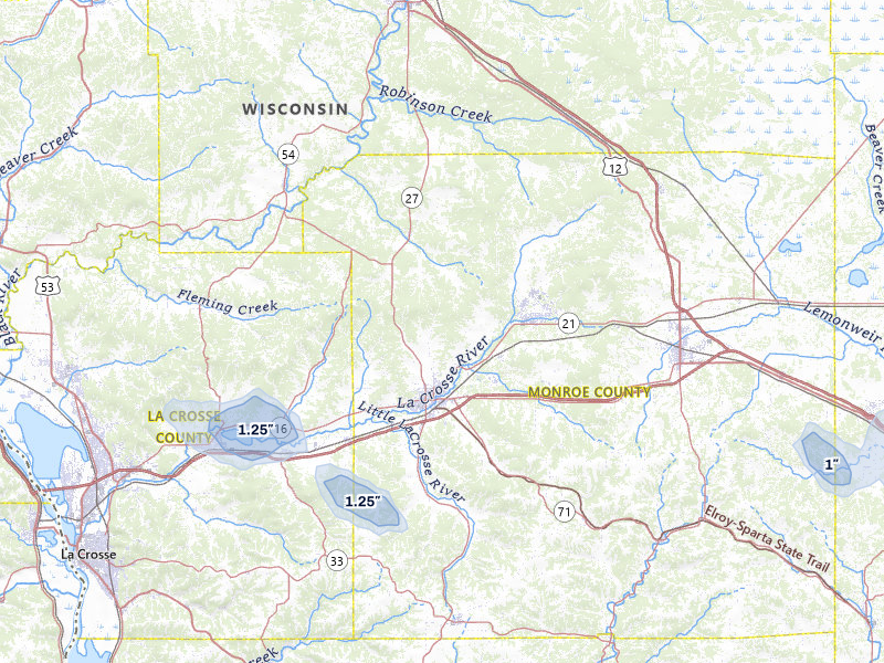 NEXRAD radar-signature map of the hail storm over Sparta, WI on Aug 21, 2026