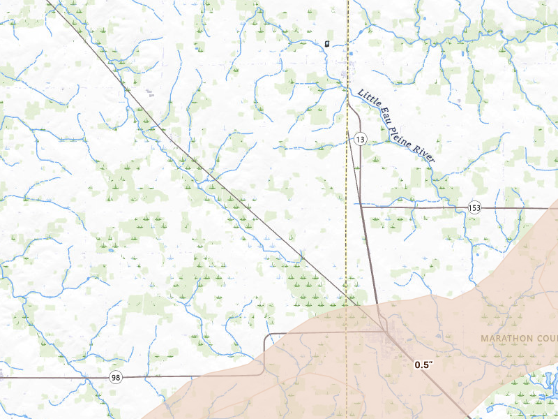 Radar-estimated hail-size map of the storm over Spencer, WI on Apr 13, 2026