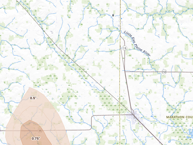 Radar-estimated hail-size map of the storm over Spencer, WI on May 27, 2026