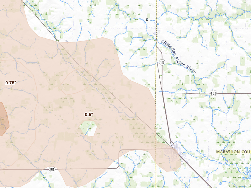 Radar-estimated hail-size map of the storm over Spencer, WI on Jun 9, 2026