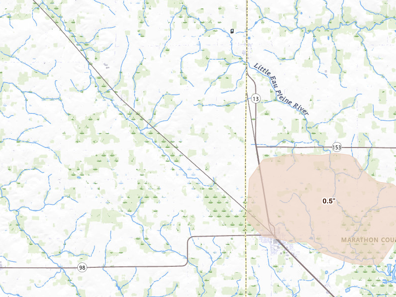 Radar-estimated hail-size map of the storm over Spencer, WI on Jun 10, 2026
