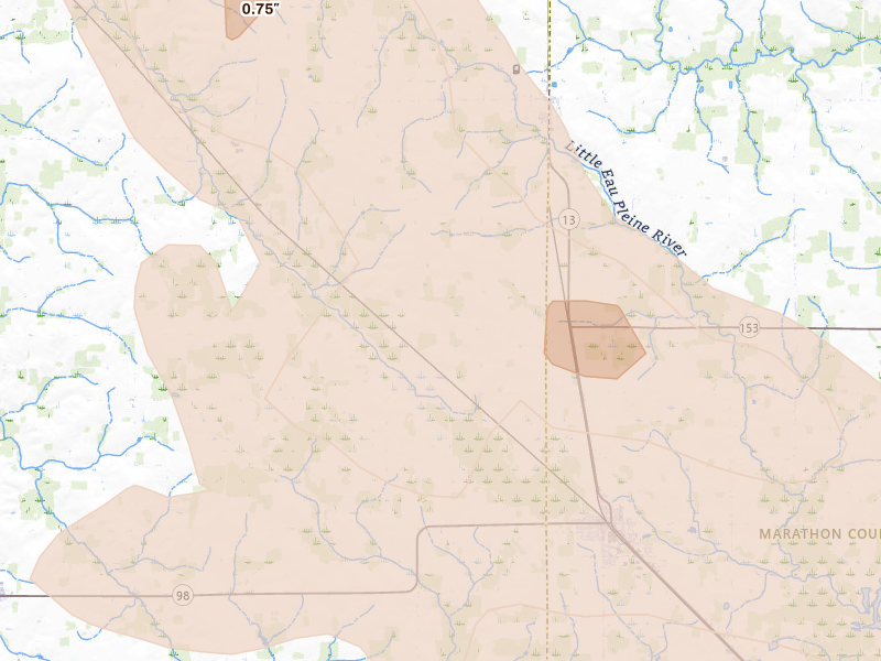 Radar-estimated hail-size map of the storm over Spencer, WI on Jun 24, 2026