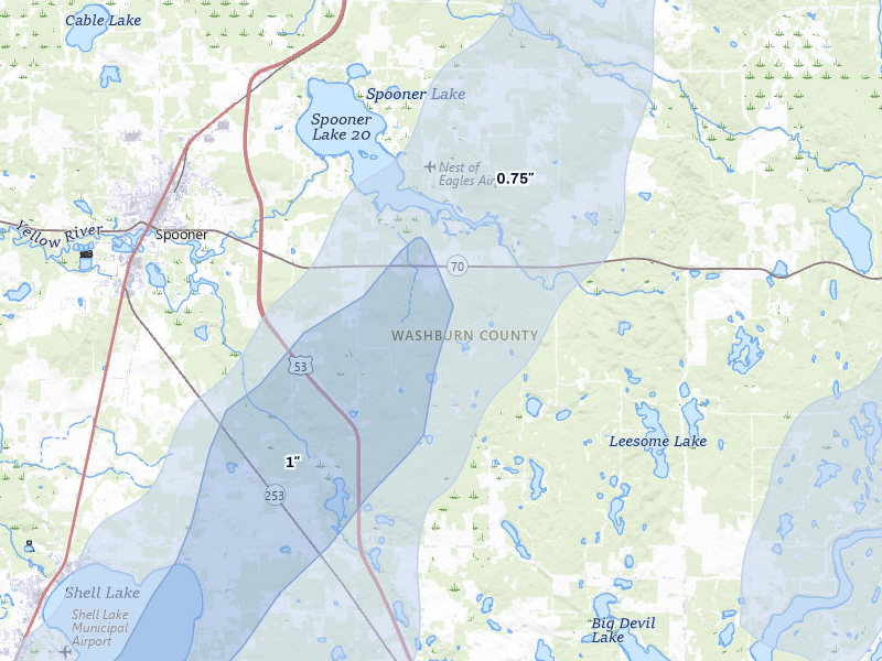 NEXRAD radar-signature map of the hail over Spooner, WI
