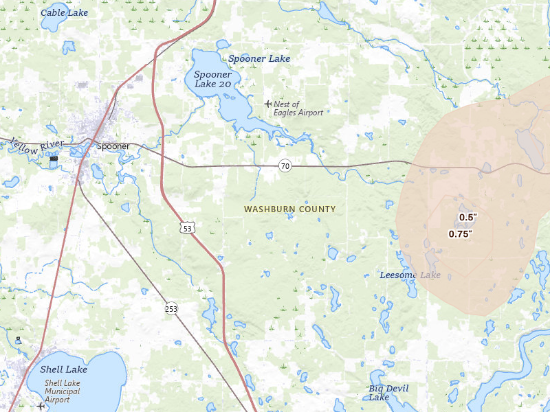 Radar-estimated hail-size map of the storm over Spooner, WI