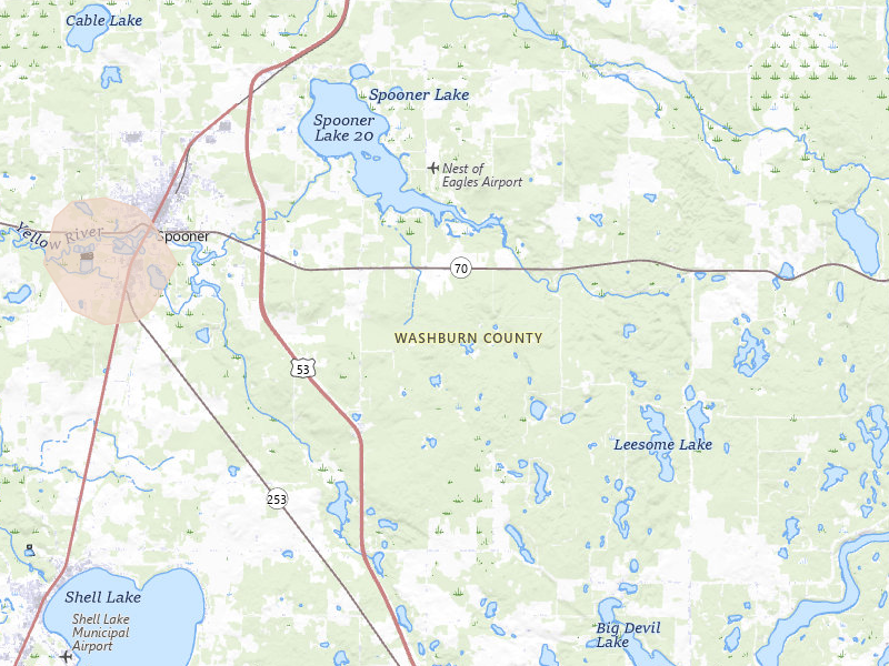 Radar-estimated hail-size map of the storm over Spooner, WI on Jul 3, 2026