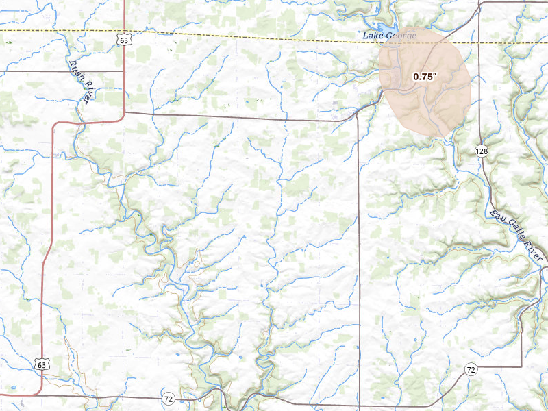 Radar-estimated hail-size map of the storm over Spring Valley, WI on Jul 4, 2026
