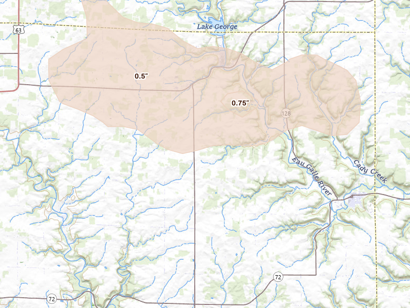 Radar-estimated hail-size map of the storm over Spring Valley, WI on Aug 8, 2026