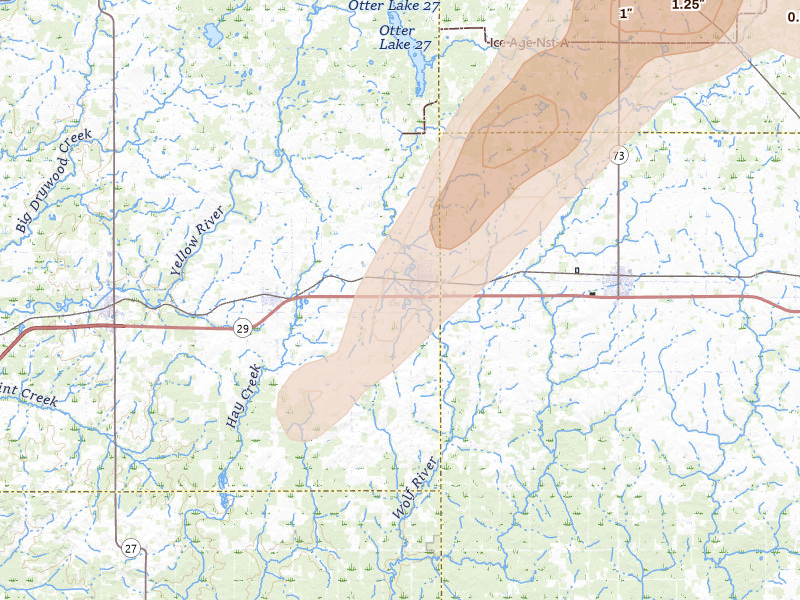 Radar-estimated hail-size map of the storm over Stanley, WI on Apr 17, 2026