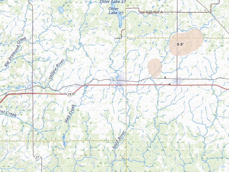 Radar-estimated hail-size map of the storm over Stanley, WI on Jun 10, 2026