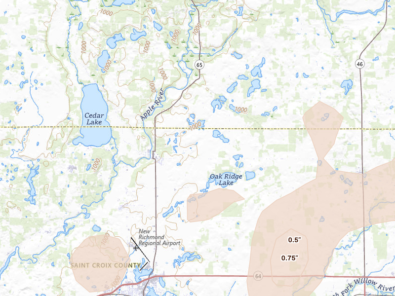 Radar-estimated hail-size map of the storm over Star Prairie, WI on Jun 10, 2026