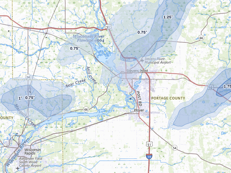 NEXRAD radar-signature map of the hail over Stevens Point, WI
