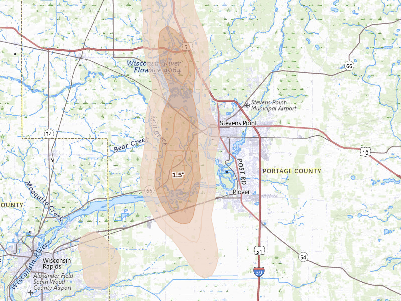 Radar-estimated hail-size map of the storm over Stevens Point, WI on May 27, 2026