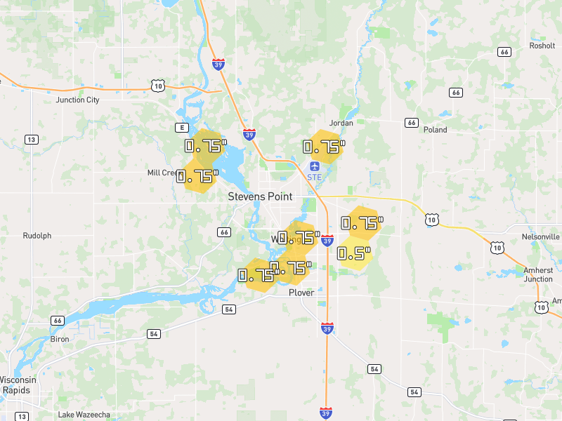 Hail map of Stevens Point, WI on Jun 30, 2026, hail up to 0.75"