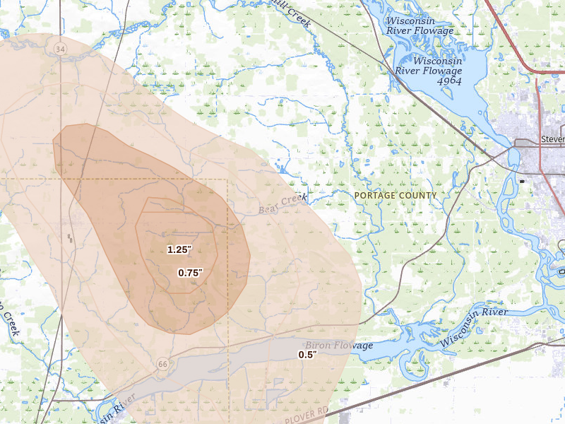 Radar-estimated hail-size map of the storm over Stevens Point, WI on Aug 11, 2026