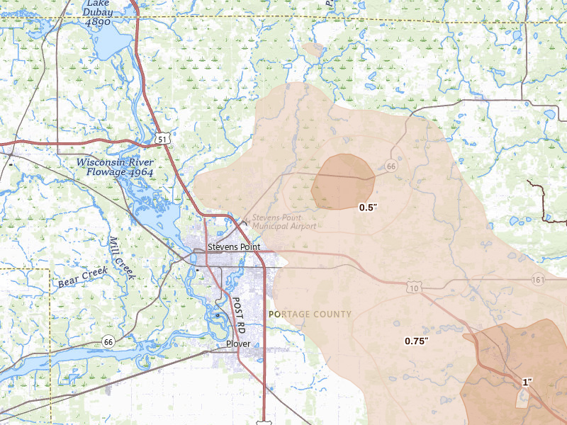 Radar-estimated hail-size map of the storm over Stevens Point, WI