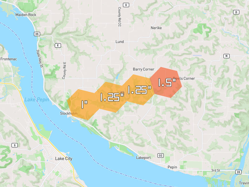 Hail map of Stockholm, WI on Jun 6, 2026, hail up to 1.5"