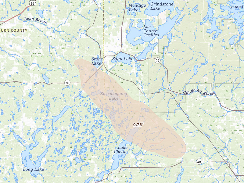 Radar-estimated hail-size map of the storm over Stone Lake, WI on Jul 17, 2026