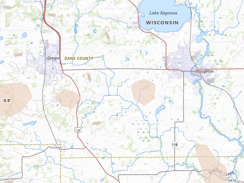 Radar-estimated hail-size map of the storm over Stoughton, WI on Aug 9, 2026