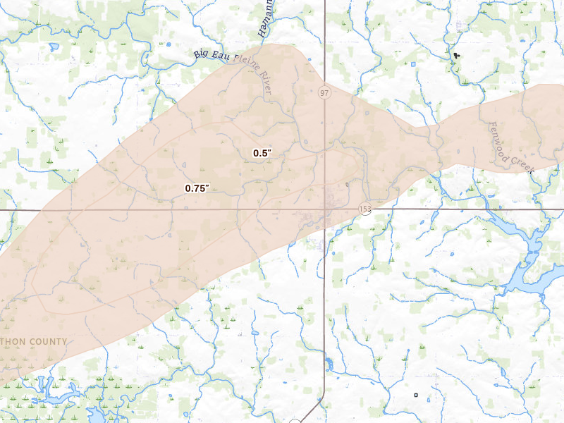 Radar-estimated hail-size map of the storm over Stratford, WI on Apr 13, 2026