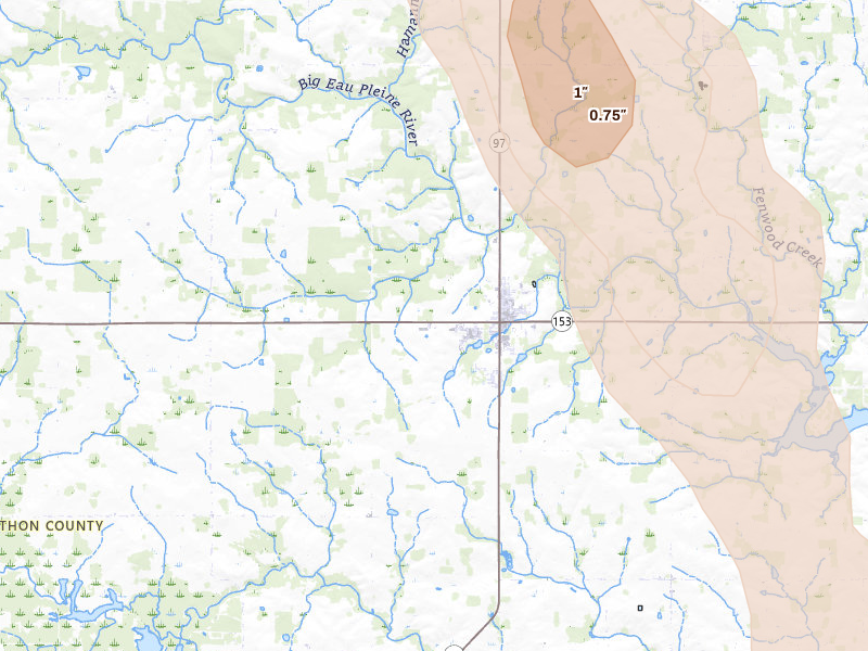 Radar-estimated hail-size map of the storm over Stratford, WI on May 27, 2026