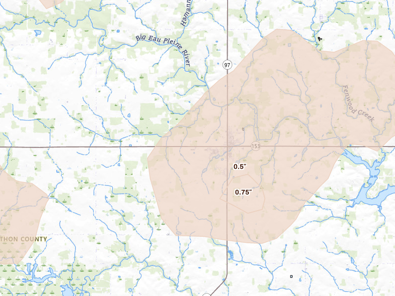 Radar-estimated hail-size map of the storm over Stratford, WI on Jun 10, 2026