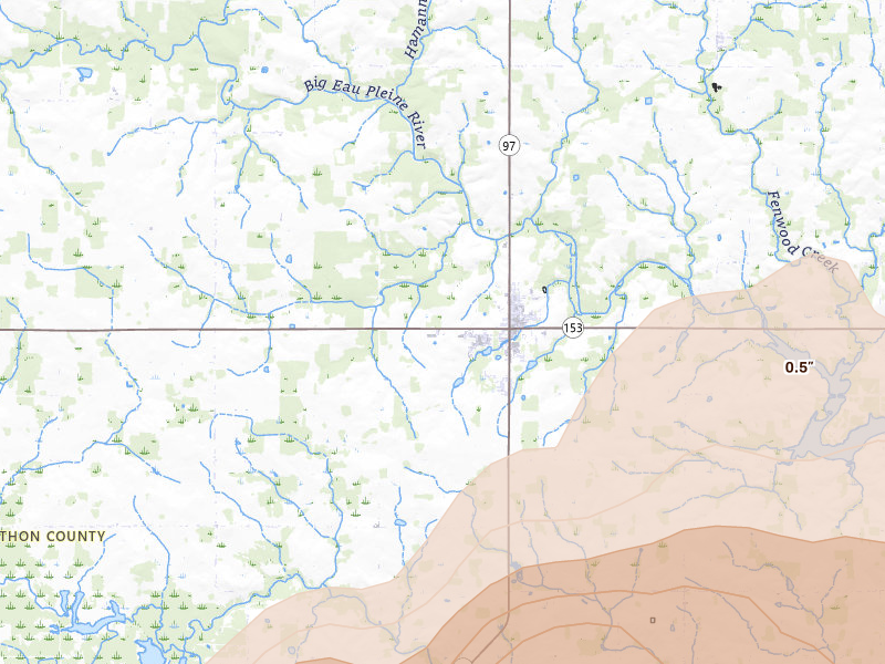 Radar-estimated hail-size map of the storm over Stratford, WI on Jun 30, 2026