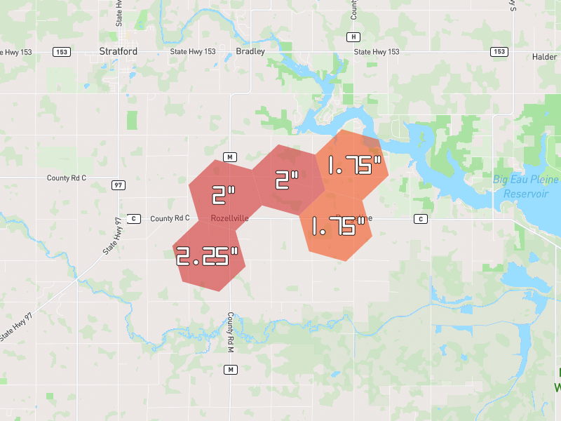 Hail map of Stratford, WI on Jun 30, 2026, hail up to 2.25"