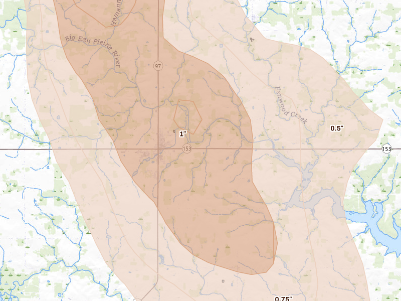 Radar-estimated hail-size map of the storm over Stratford, WI on Aug 11, 2026