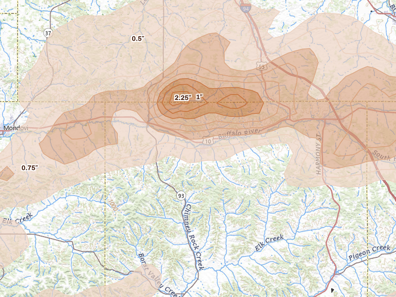 Radar-estimated hail-size map of the storm over Strum, WI on Apr 13, 2026