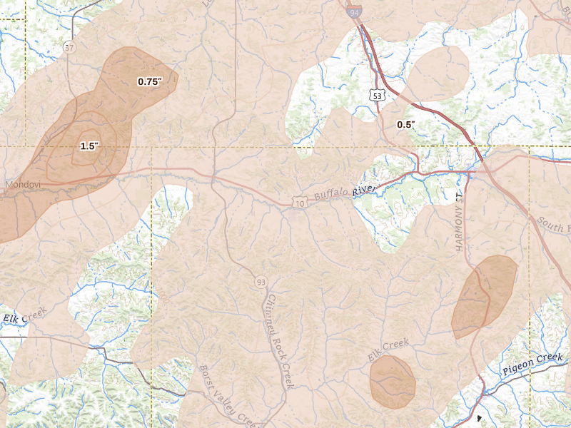 Radar-estimated hail-size map of the storm over Strum, WI on Jun 9, 2026