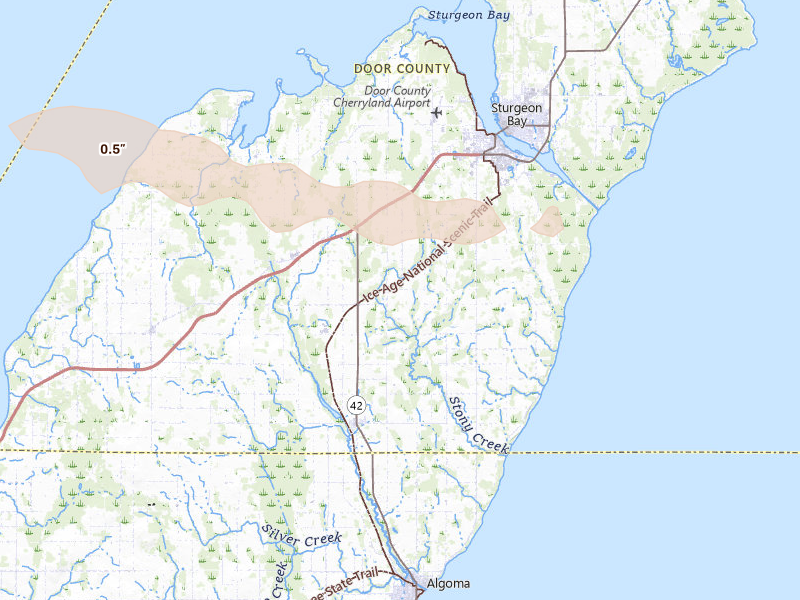Radar-estimated hail-size map of the storm over Sturgeon Bay, WI on Mar 30, 2026