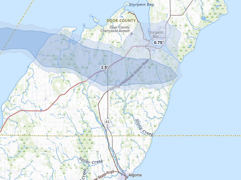 NEXRAD radar-signature map of the hail storm over Sturgeon Bay, WI on Mar 30, 2026