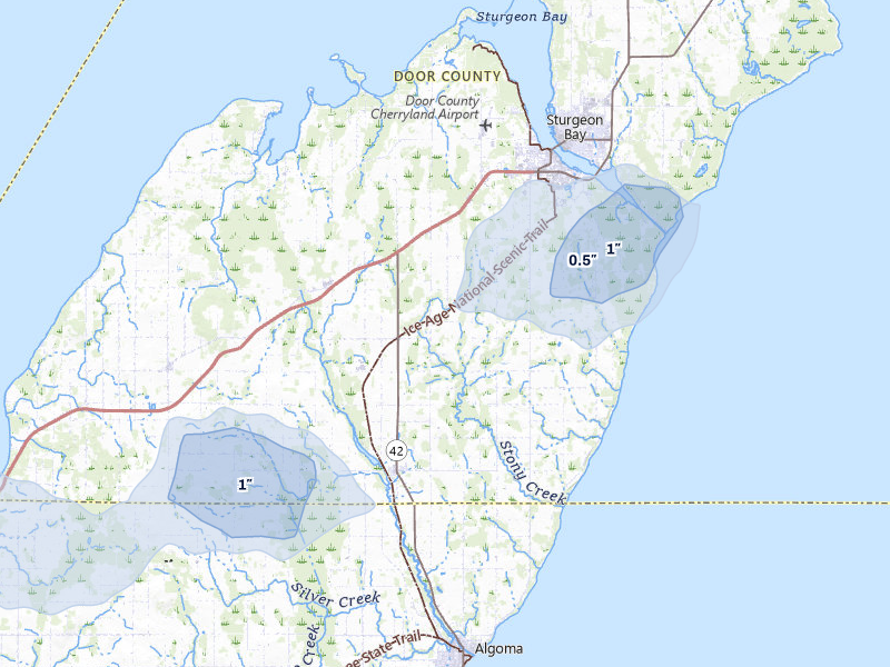 NEXRAD radar-signature map of the hail storm over Sturgeon Bay, WI on Jun 30, 2026