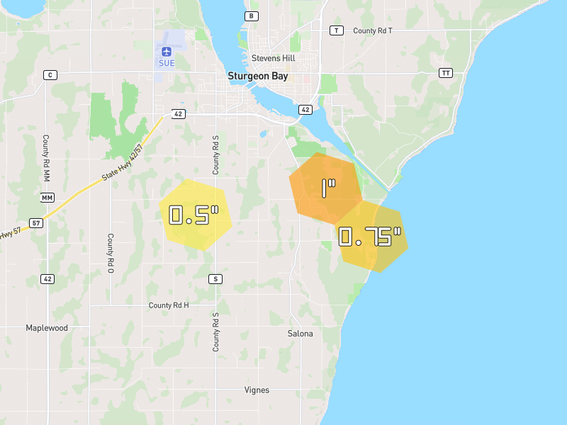 Hail map of Sturgeon Bay, WI on Jun 30, 2026, hail up to 1"