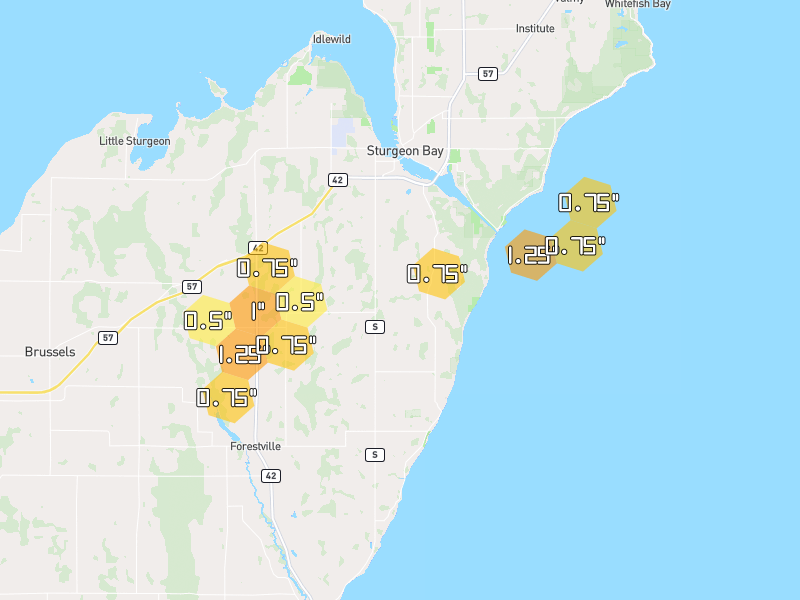 Hail map of Sturgeon Bay, WI on Jul 1, 2026, hail up to 1.25"