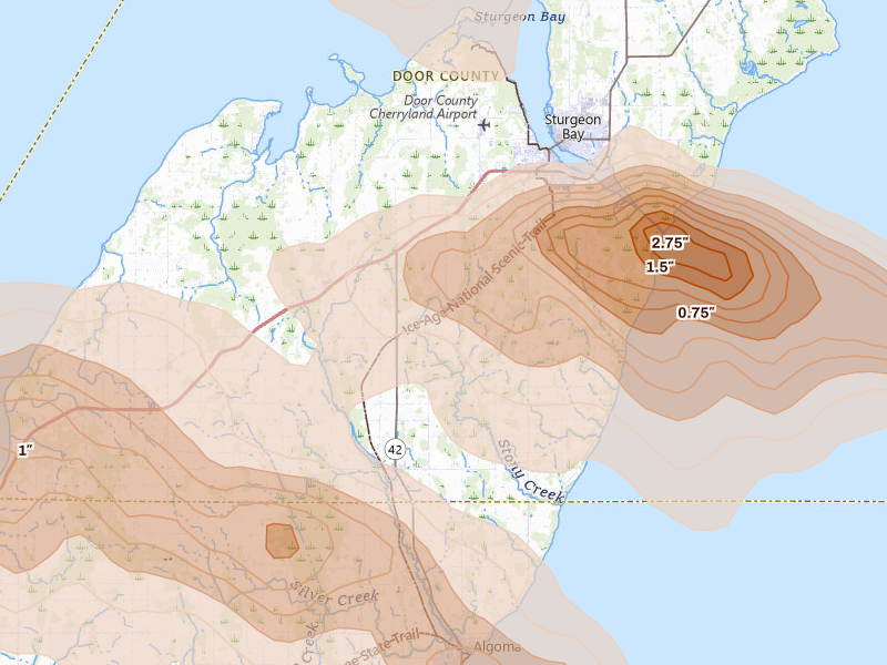 Radar-estimated hail-size map of the storm over Sturgeon Bay, WI on Jul 27, 2026