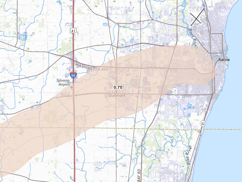 Radar-estimated hail-size map of the storm over Sturtevant, WI on Mar 10, 2026