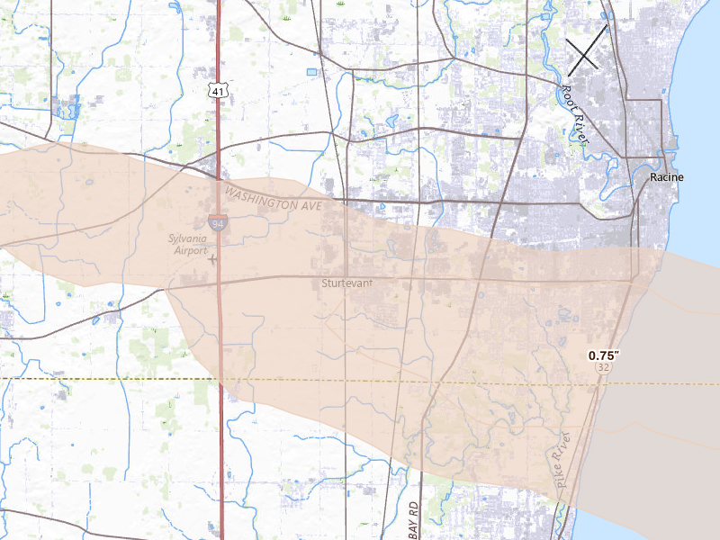 Radar-estimated hail-size map of the storm over Sturtevant, WI on Apr 21, 2026