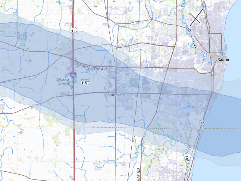 NEXRAD radar-signature map of the hail storm over Sturtevant, WI on Apr 21, 2026