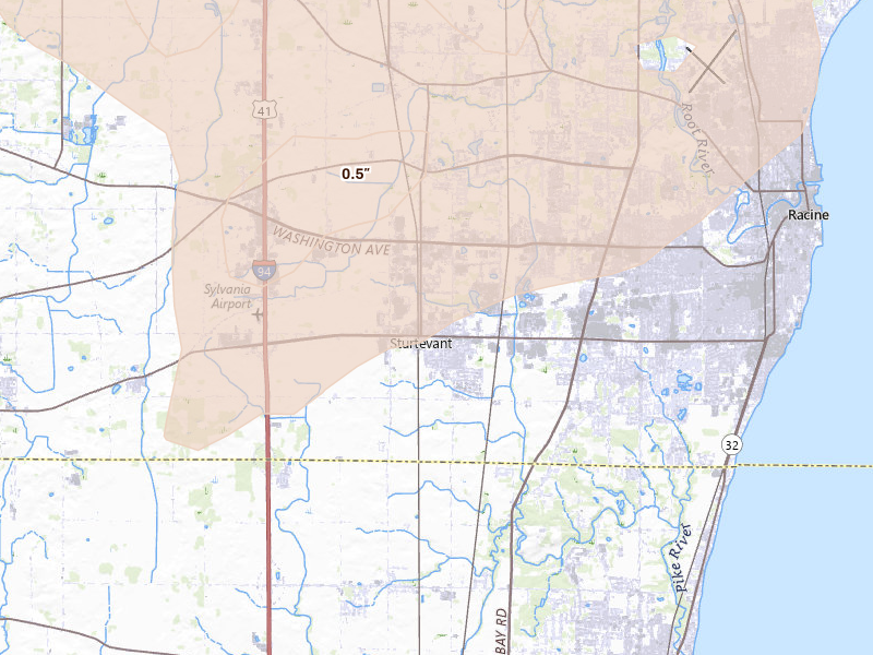 Radar-estimated hail-size map of the storm over Sturtevant, WI on Aug 9, 2026