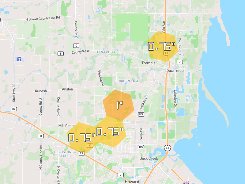 Hail map of Suamico, WI on Jul 1, 2026, hail up to 1"